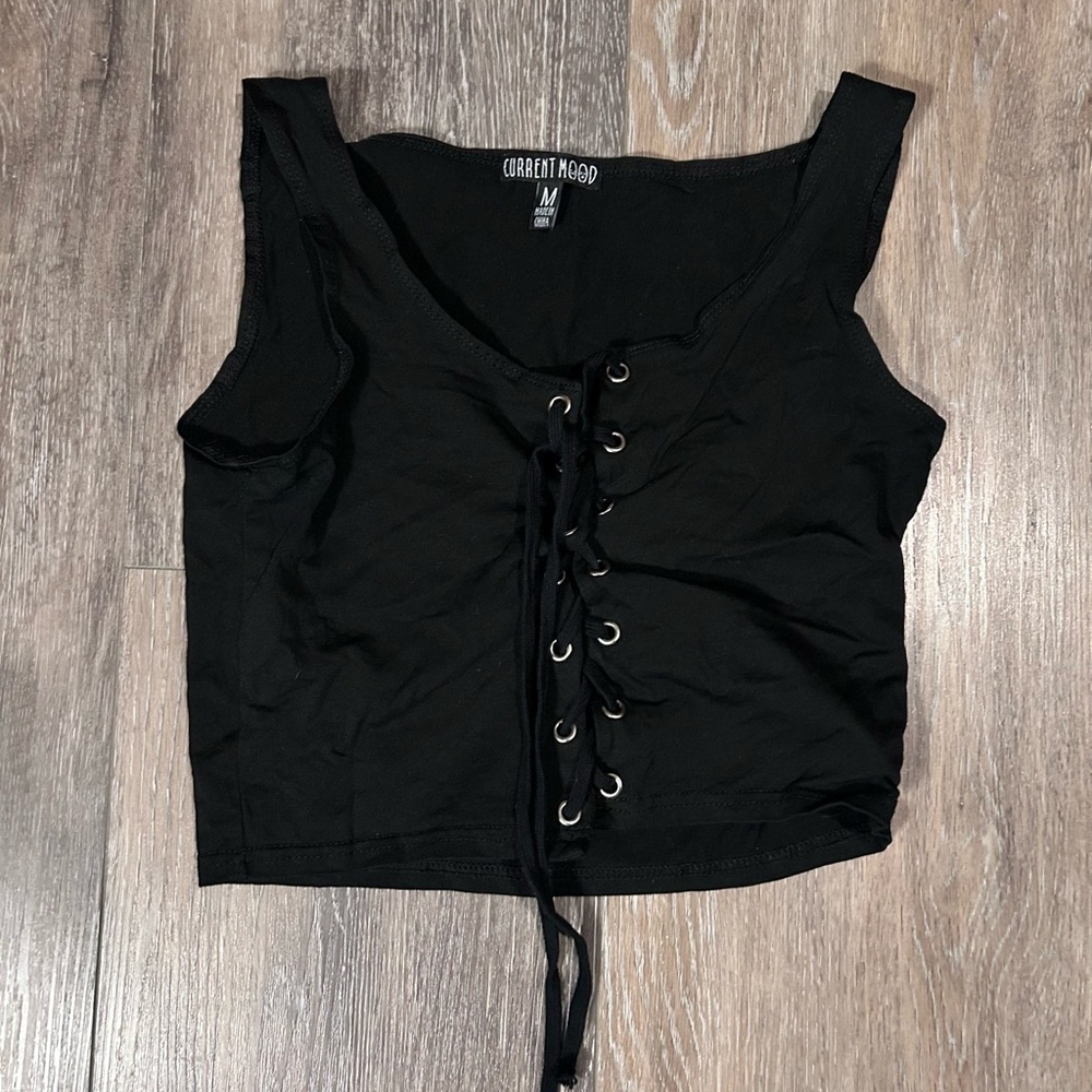 Current Mood Black Lace-Up Crop Tank